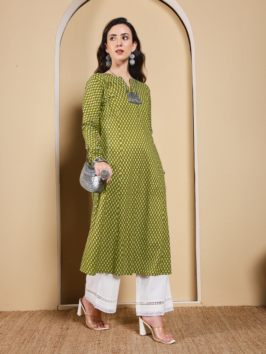 FIORRA Women’s Olive Green Floral Printed Anarkali Kurta