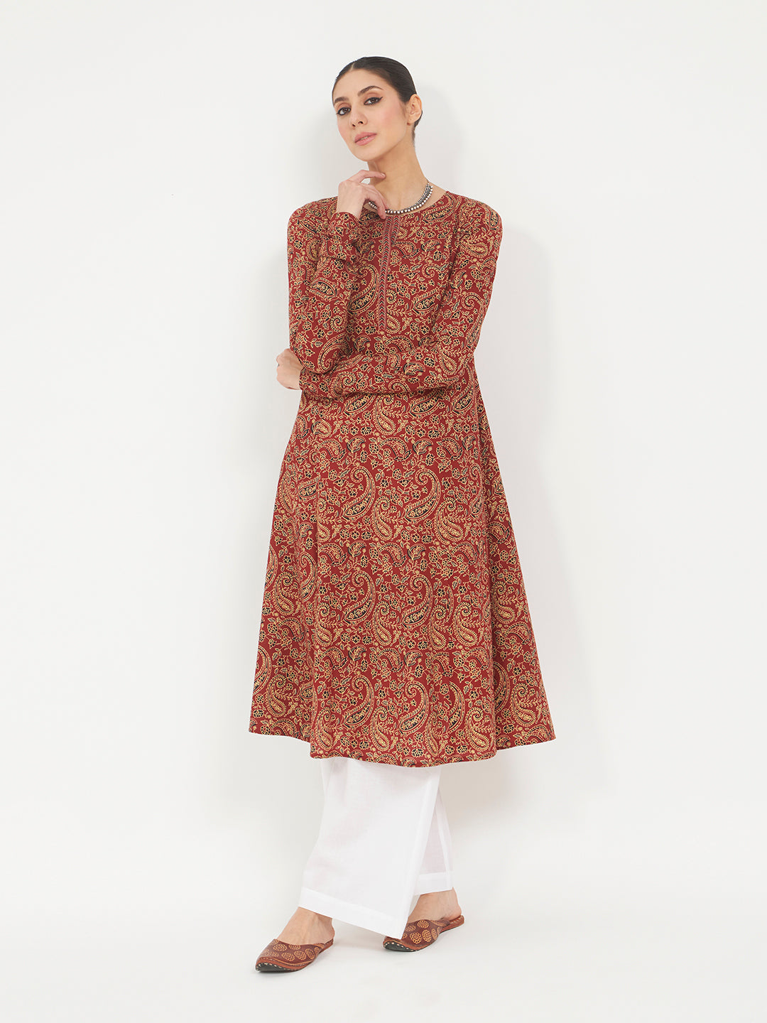 FIORRA Women's Maroon Paisley Printed Pure Cotton Anarkali Kurta