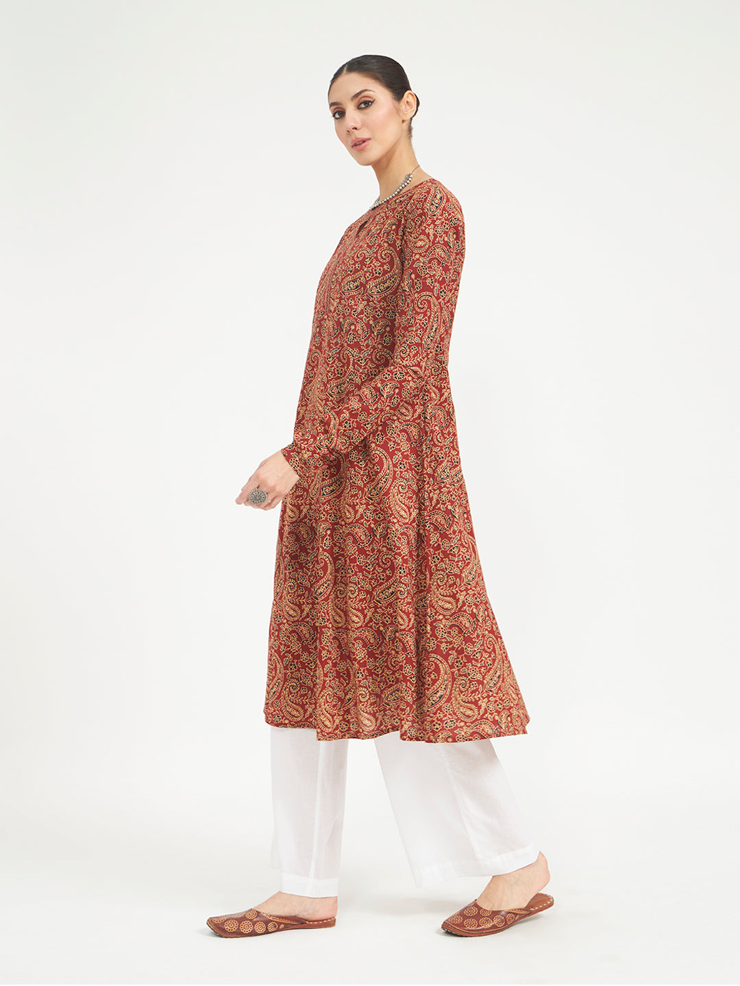 FIORRA Women's Maroon Paisley Printed Pure Cotton Anarkali Kurta