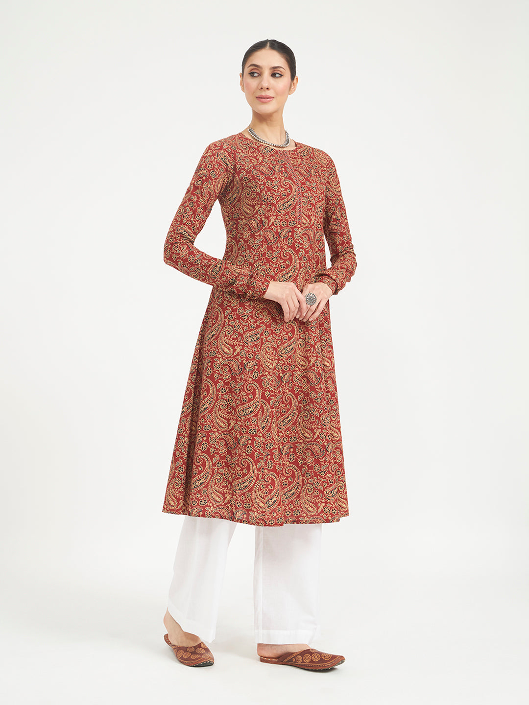 FIORRA Women's Maroon Paisley Printed Pure Cotton Anarkali Kurta