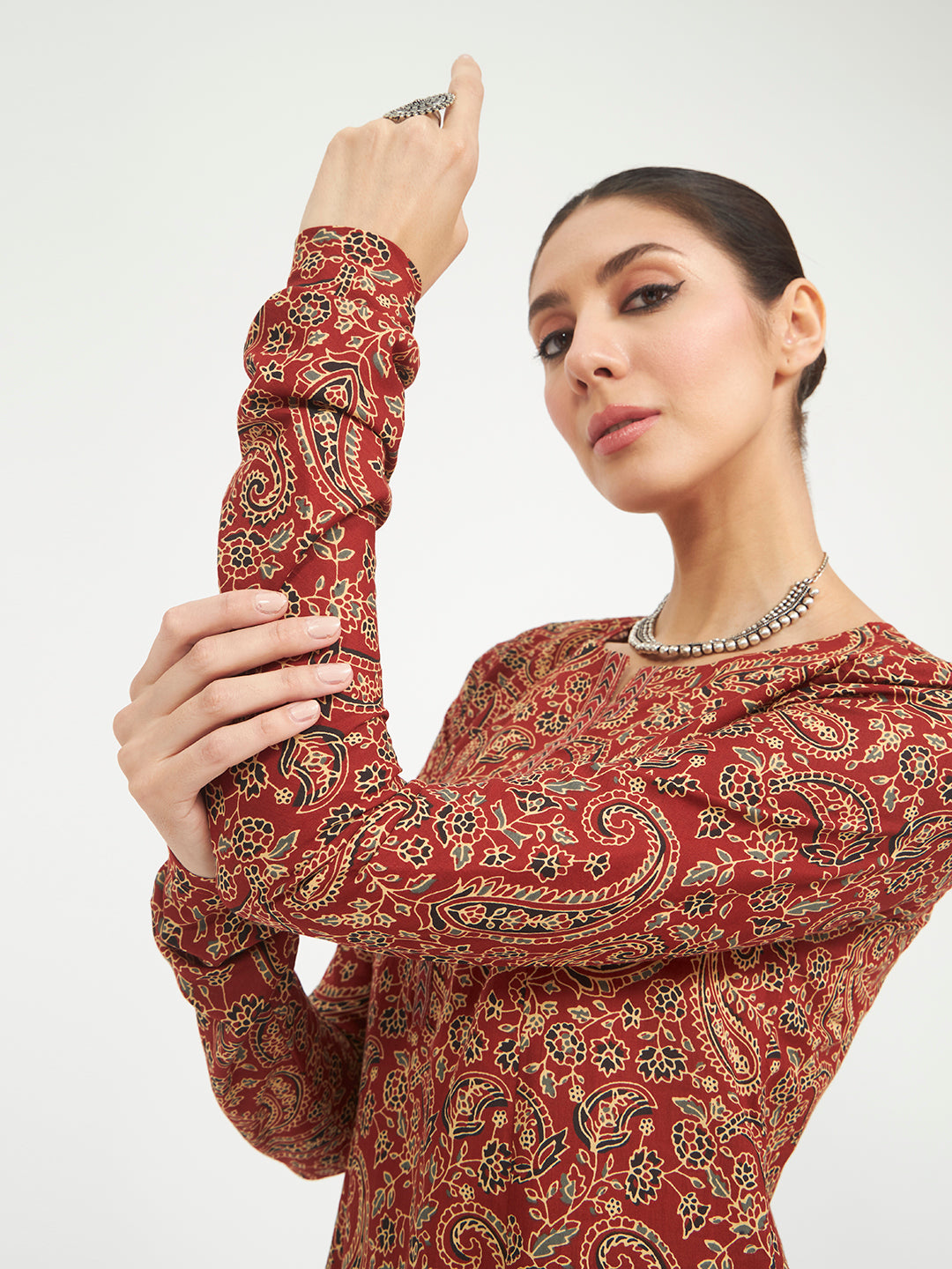 FIORRA Women's Maroon Paisley Printed Pure Cotton Anarkali Kurta