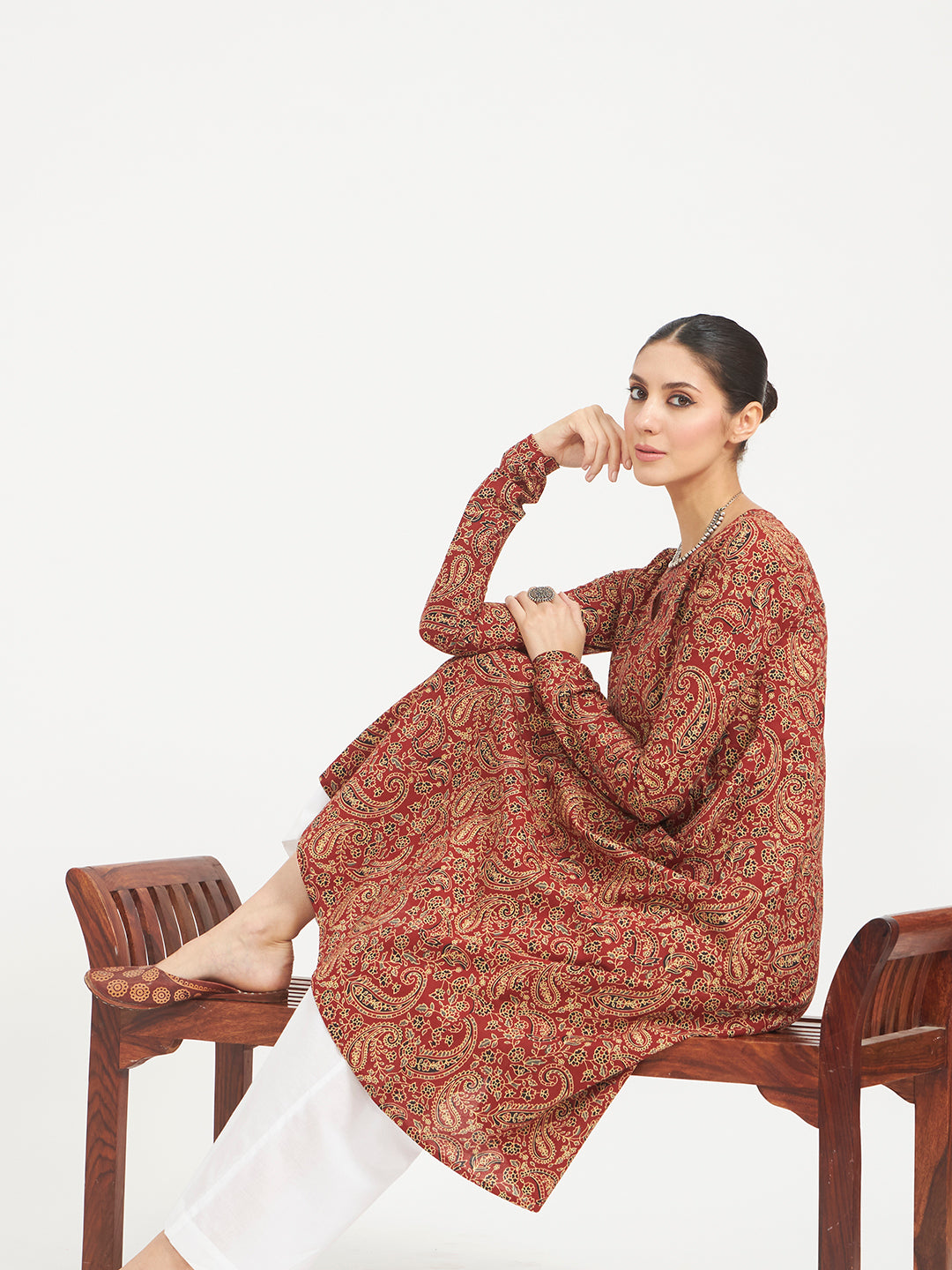 FIORRA Women's Maroon Paisley Printed Pure Cotton Anarkali Kurta