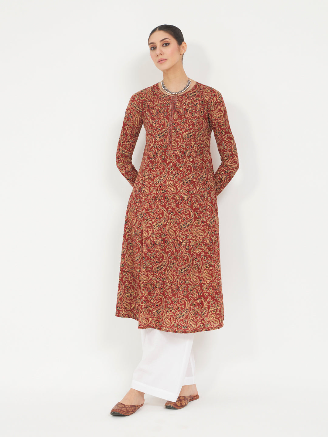 FIORRA Women's Maroon Paisley Printed Pure Cotton Anarkali Kurta