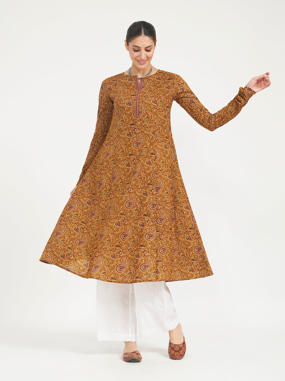 FIORRA Women's Mustard Paisley Printed Pure Cotton Anarkali Kurta