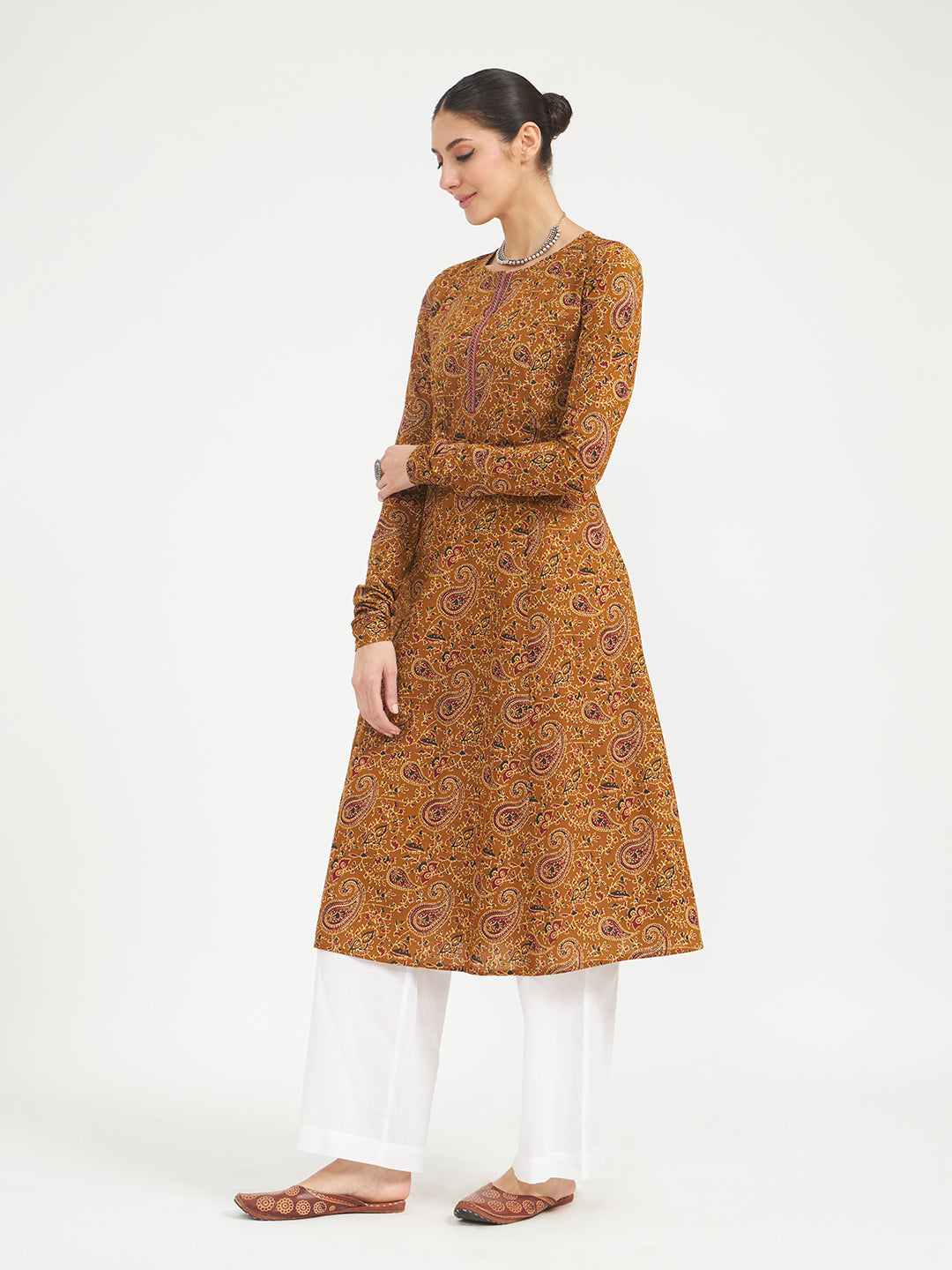 FIORRA Women's Mustard Paisley Printed Pure Cotton Anarkali Kurta