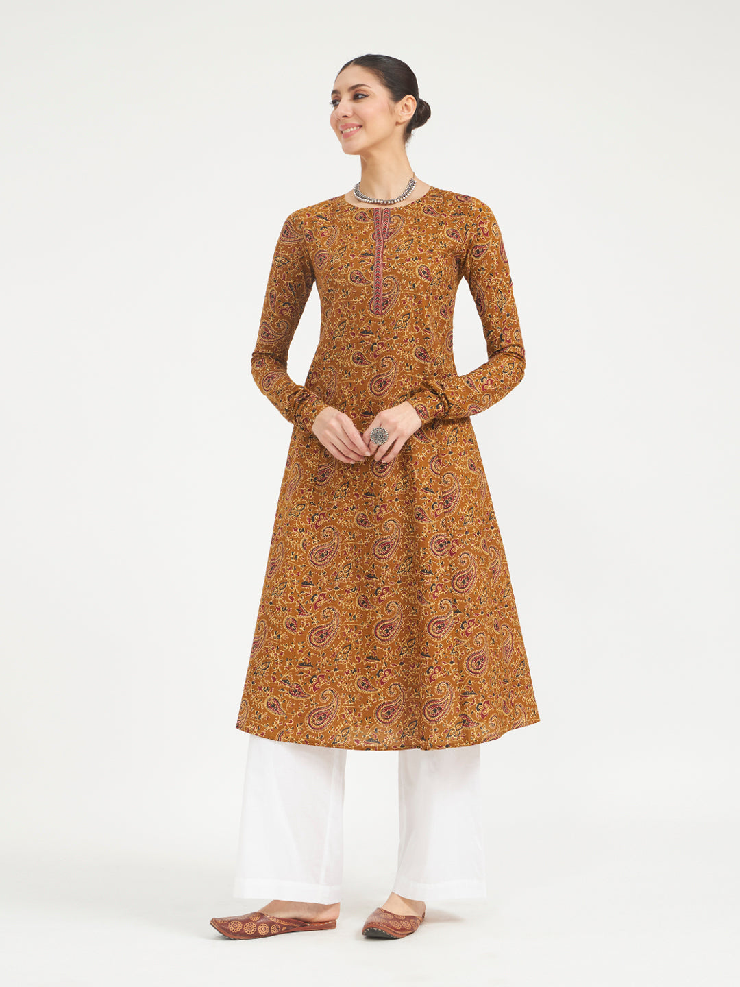 FIORRA Women's Mustard Paisley Printed Pure Cotton Anarkali Kurta