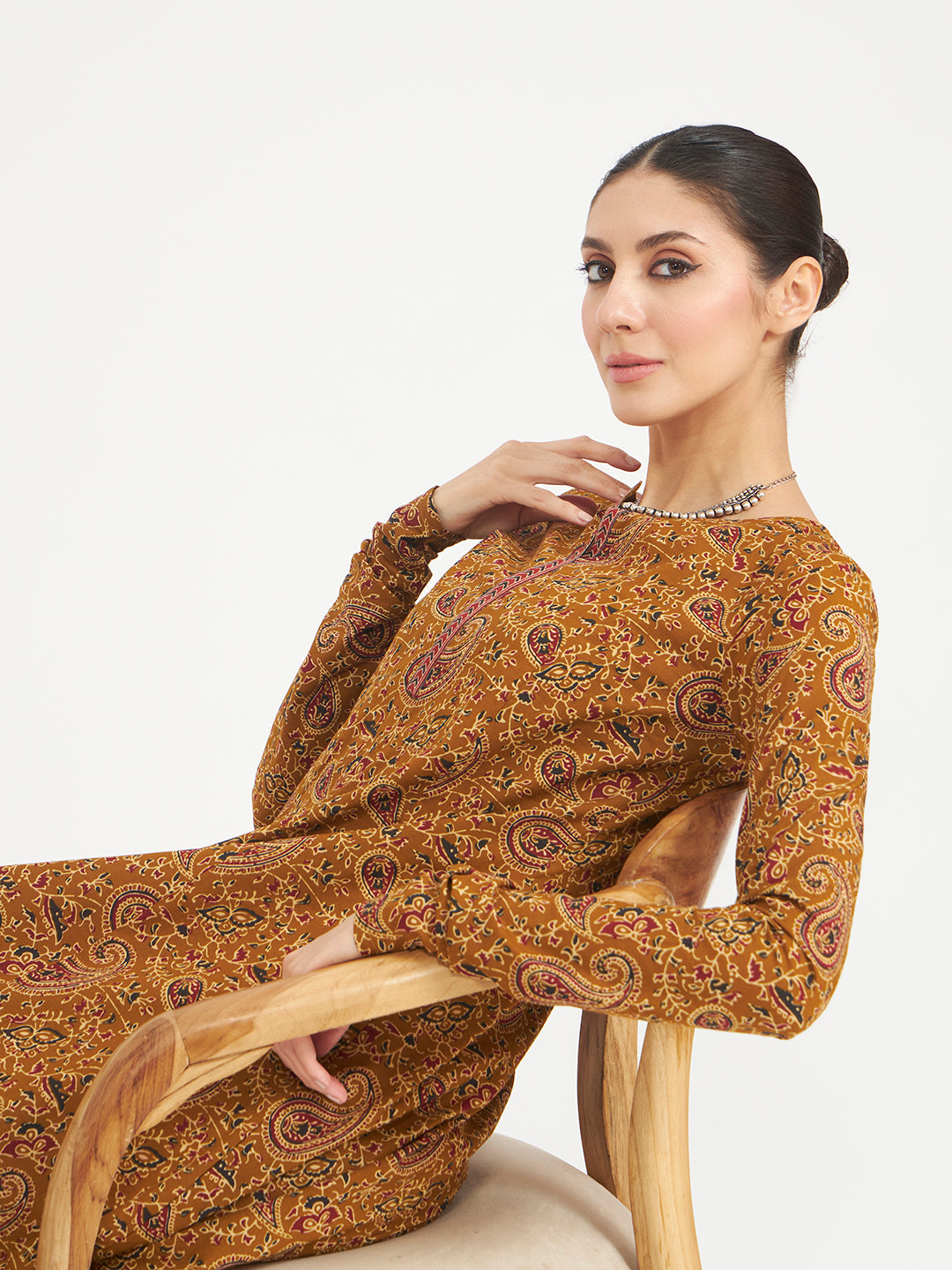 FIORRA Women's Mustard Paisley Printed Pure Cotton Anarkali Kurta