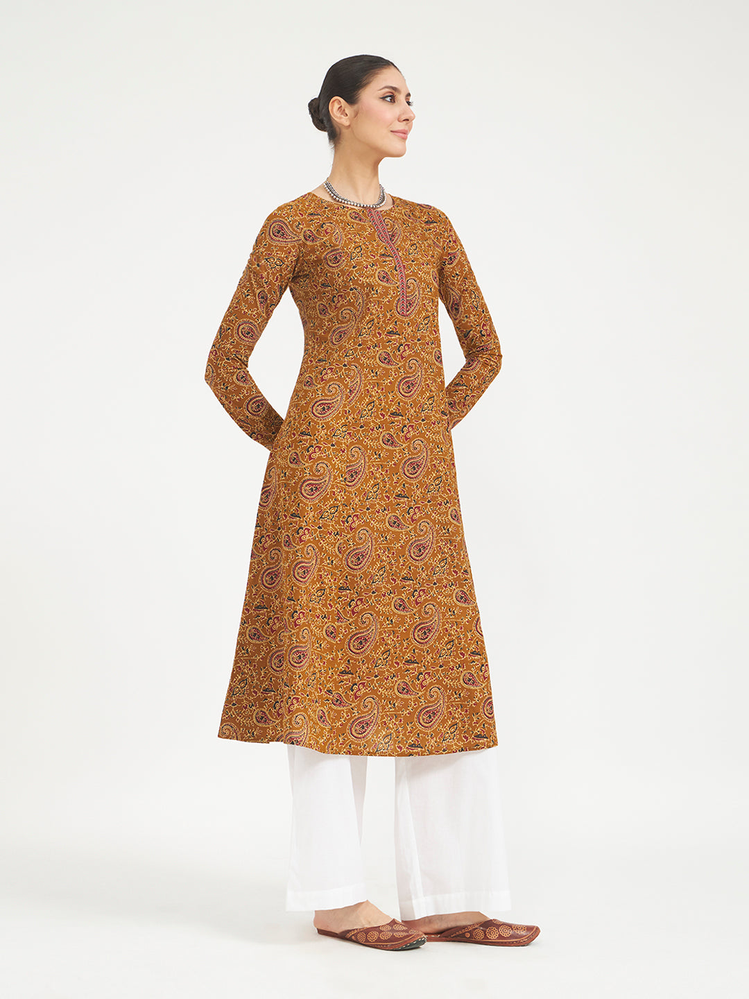 FIORRA Women's Mustard Paisley Printed Pure Cotton Anarkali Kurta