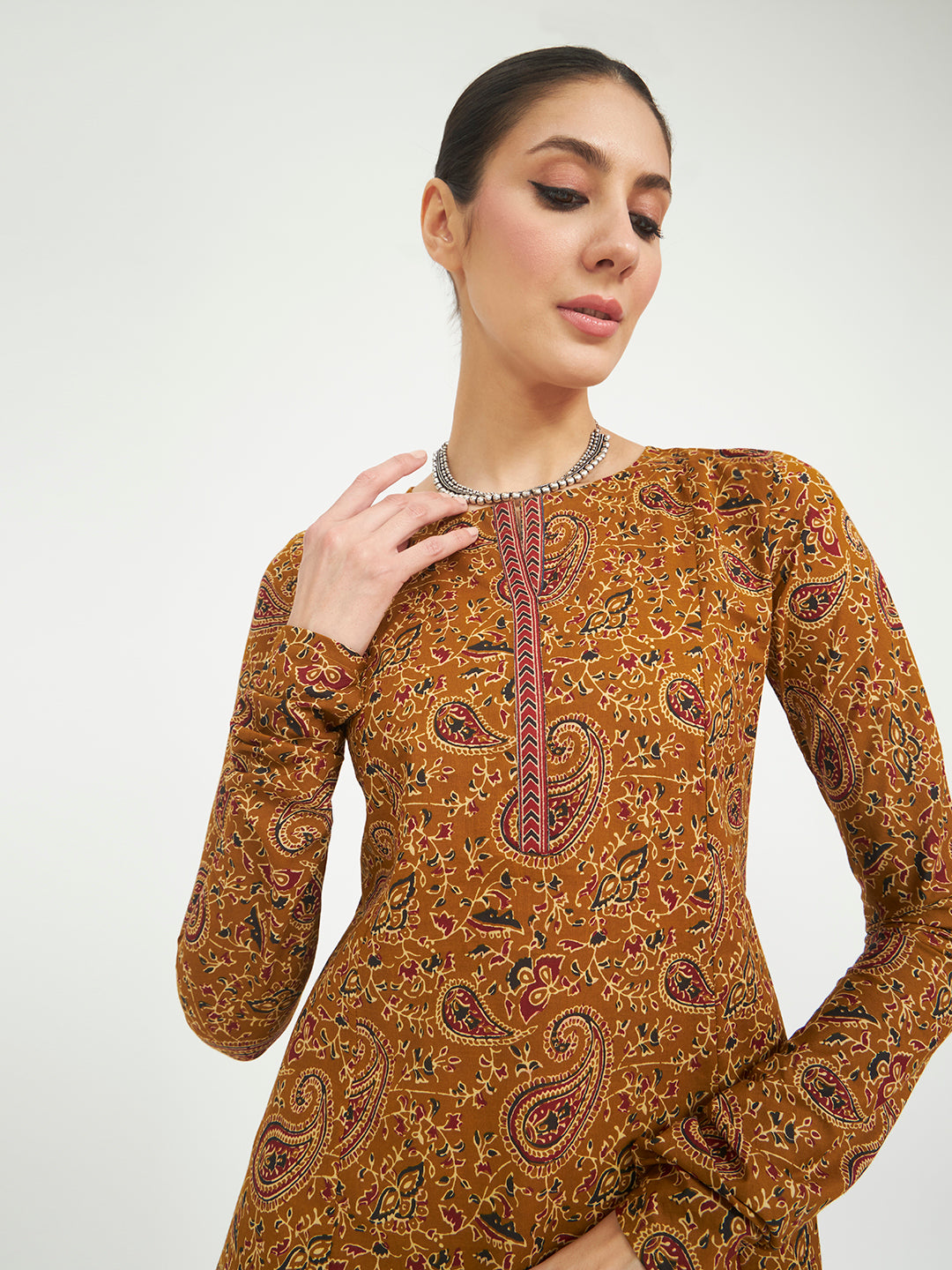 FIORRA Women's Mustard Paisley Printed Pure Cotton Anarkali Kurta