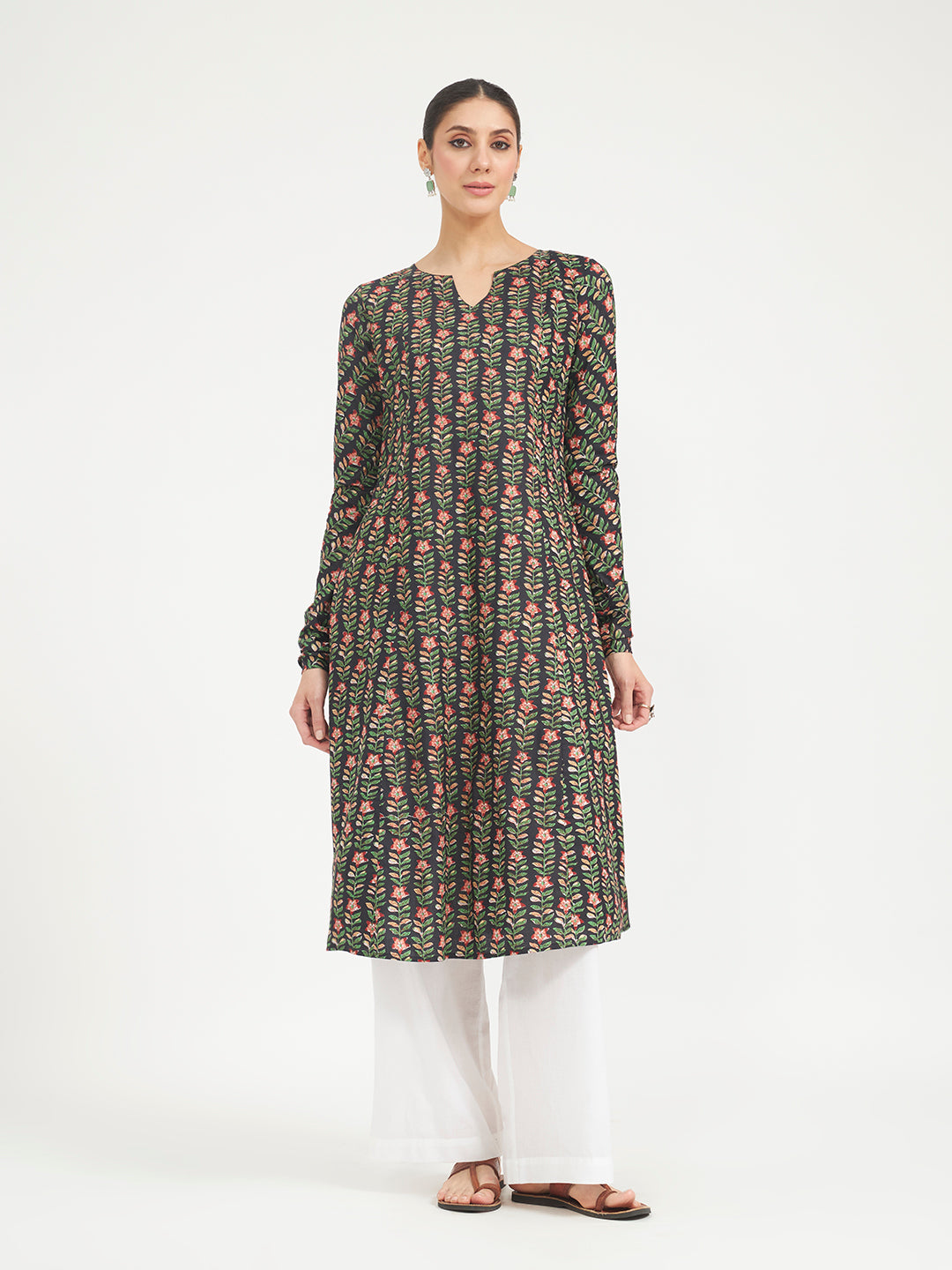 FIORRA Women's Black Floral Printed Pure Cotton Anarkali Kurta