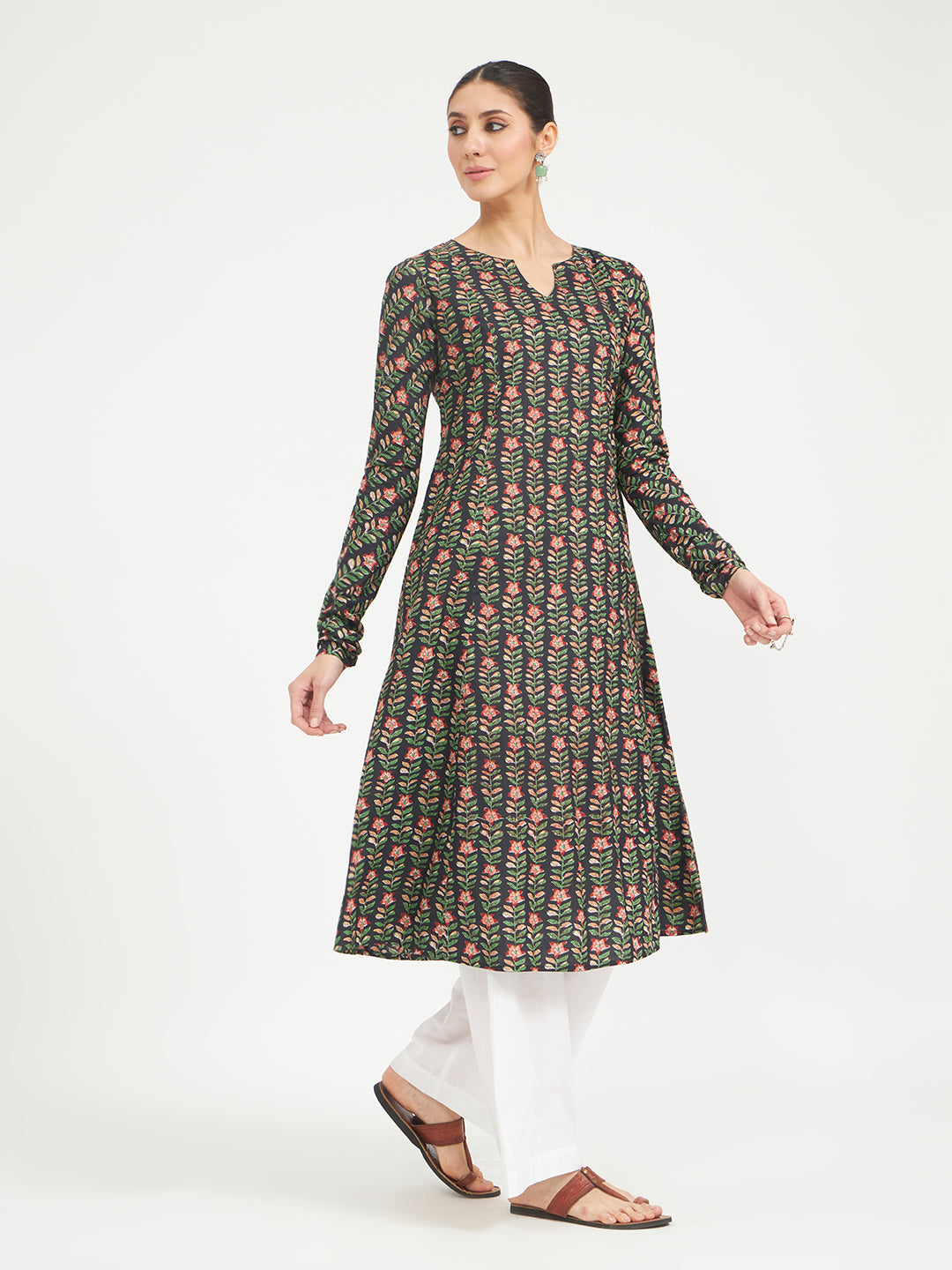 FIORRA Women's Black Floral Printed Pure Cotton Anarkali Kurta