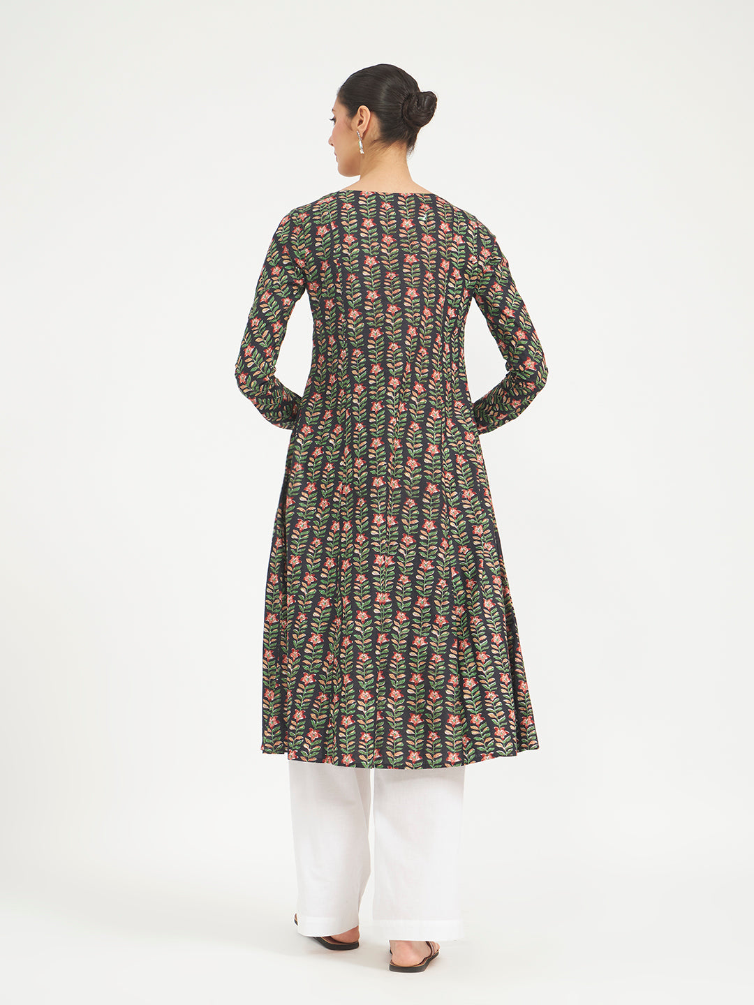 FIORRA Women's Black Floral Printed Pure Cotton Anarkali Kurta