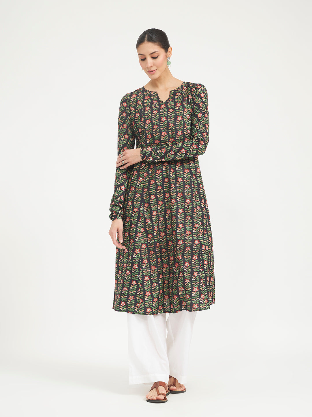 FIORRA Women's Black Floral Printed Pure Cotton Anarkali Kurta