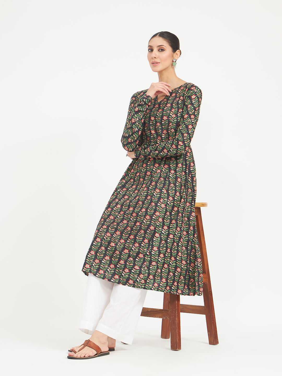 FIORRA Women's Black Floral Printed Pure Cotton Anarkali Kurta