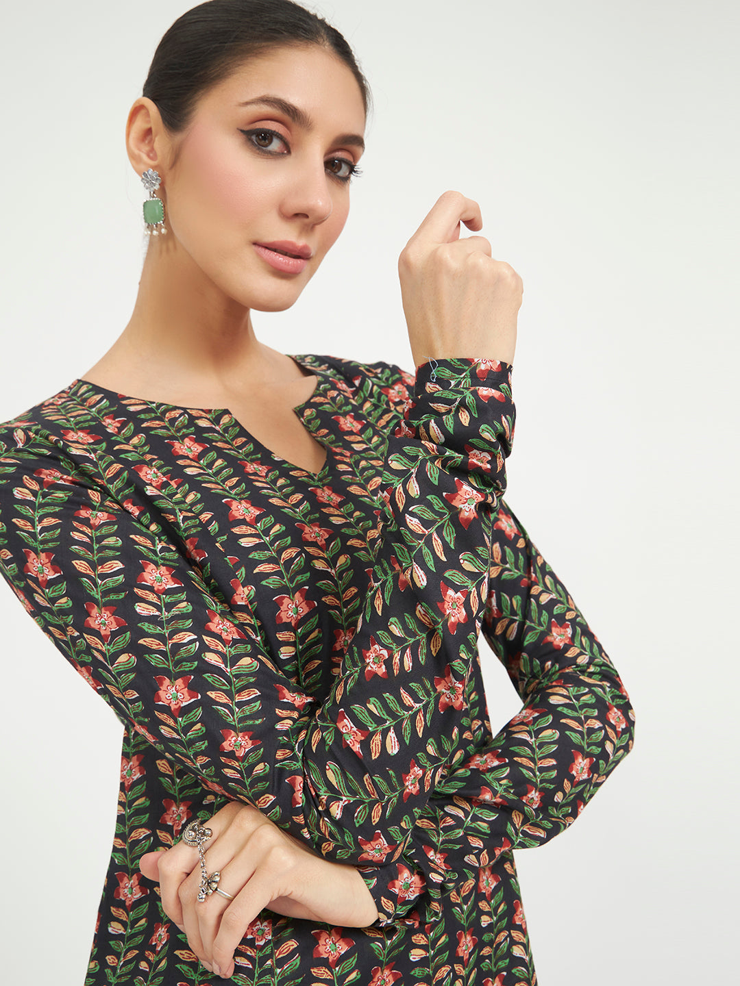 FIORRA Women's Black Floral Printed Pure Cotton Anarkali Kurta