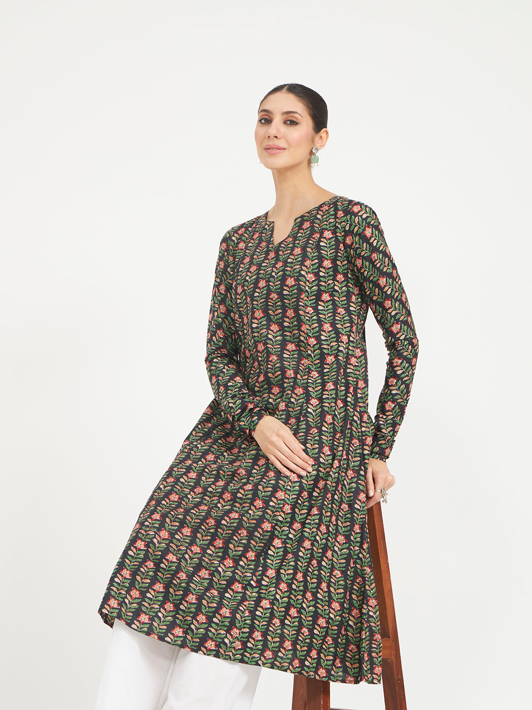 FIORRA Women's Black Floral Printed Pure Cotton Anarkali Kurta