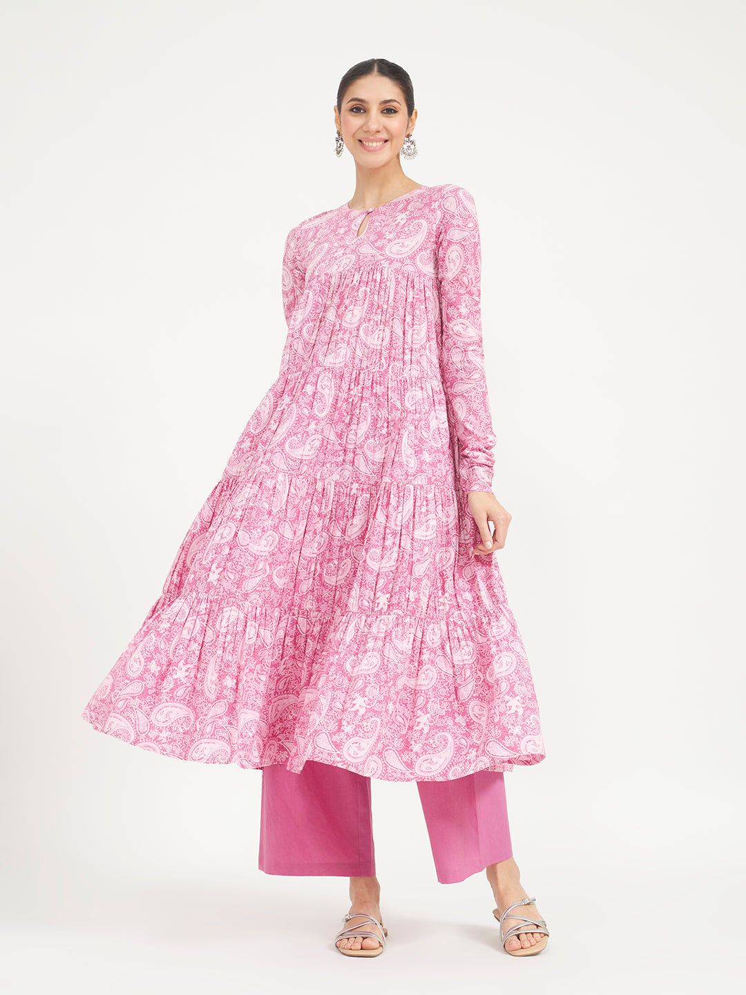 FIORRA Women’s Pink Paisley Printed Pure Cotton Anarkali Kurta