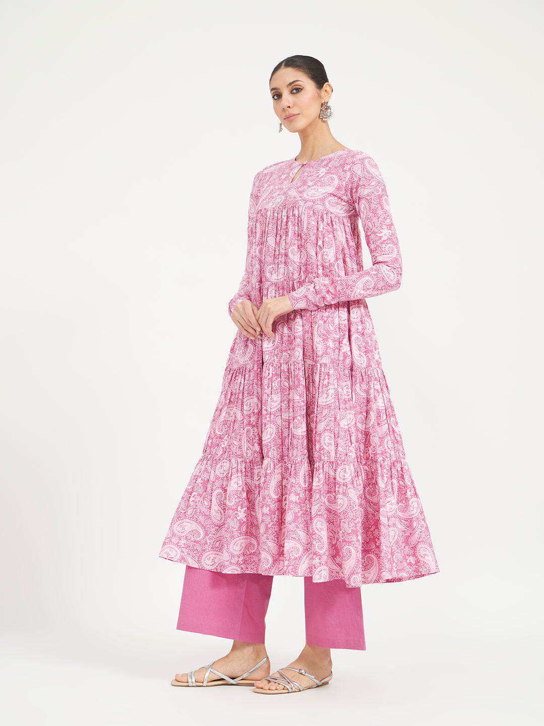 FIORRA Women’s Pink Paisley Printed Pure Cotton Anarkali Kurta