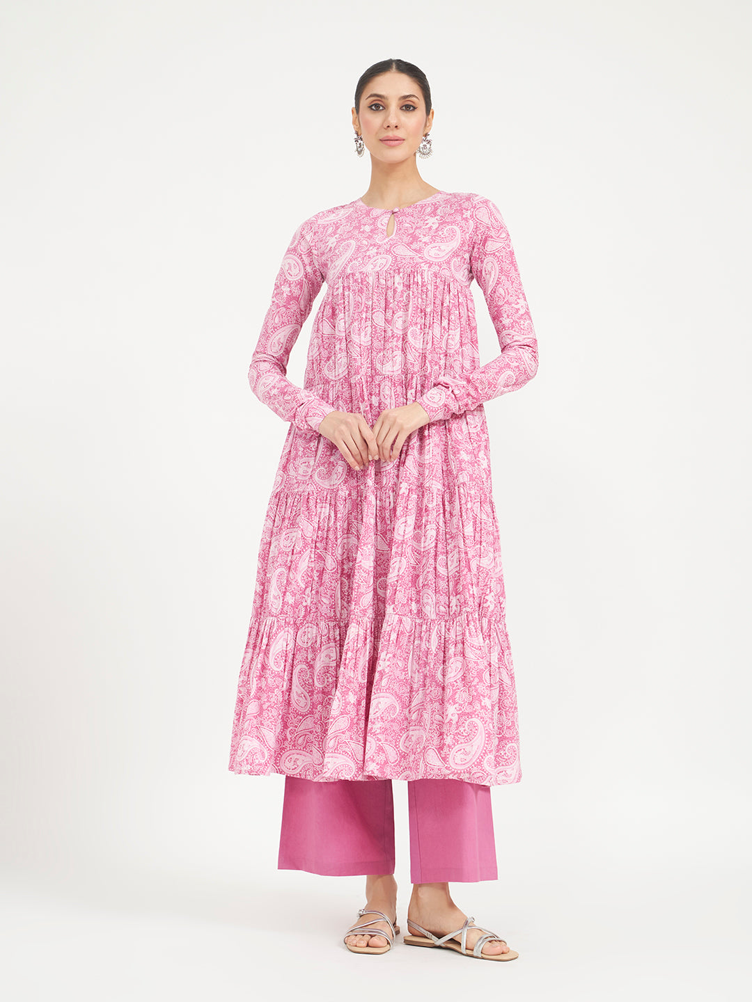 FIORRA Women’s Pink Paisley Printed Pure Cotton Anarkali Kurta
