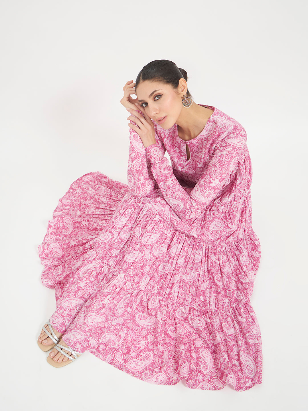 FIORRA Women’s Pink Paisley Printed Pure Cotton Anarkali Kurta