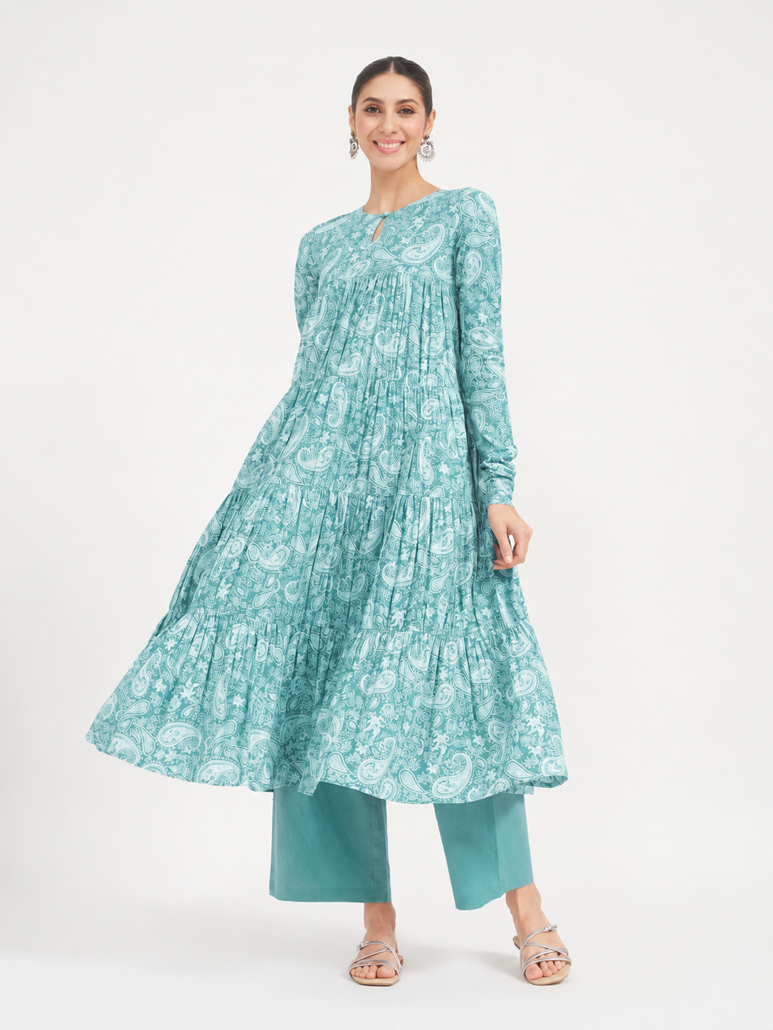 FIORRA Women’s Firozi Paisley Printed Pure Cotton Anarkali Kurta