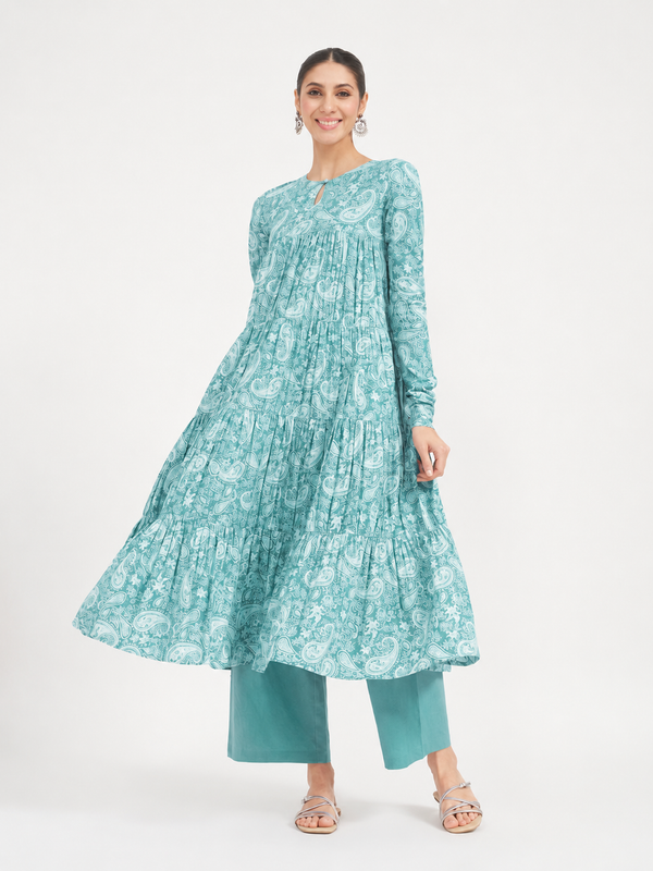 FIORRA Women’s Firozi Paisley Printed Pure Cotton Anarkali Kurta