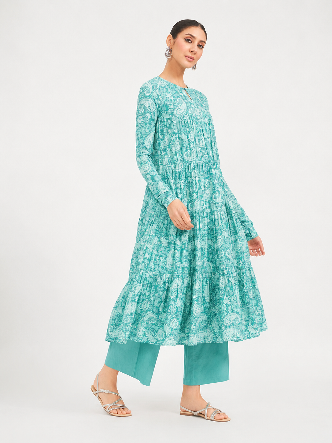 FIORRA Women’s Firozi Paisley Printed Pure Cotton Anarkali Kurta