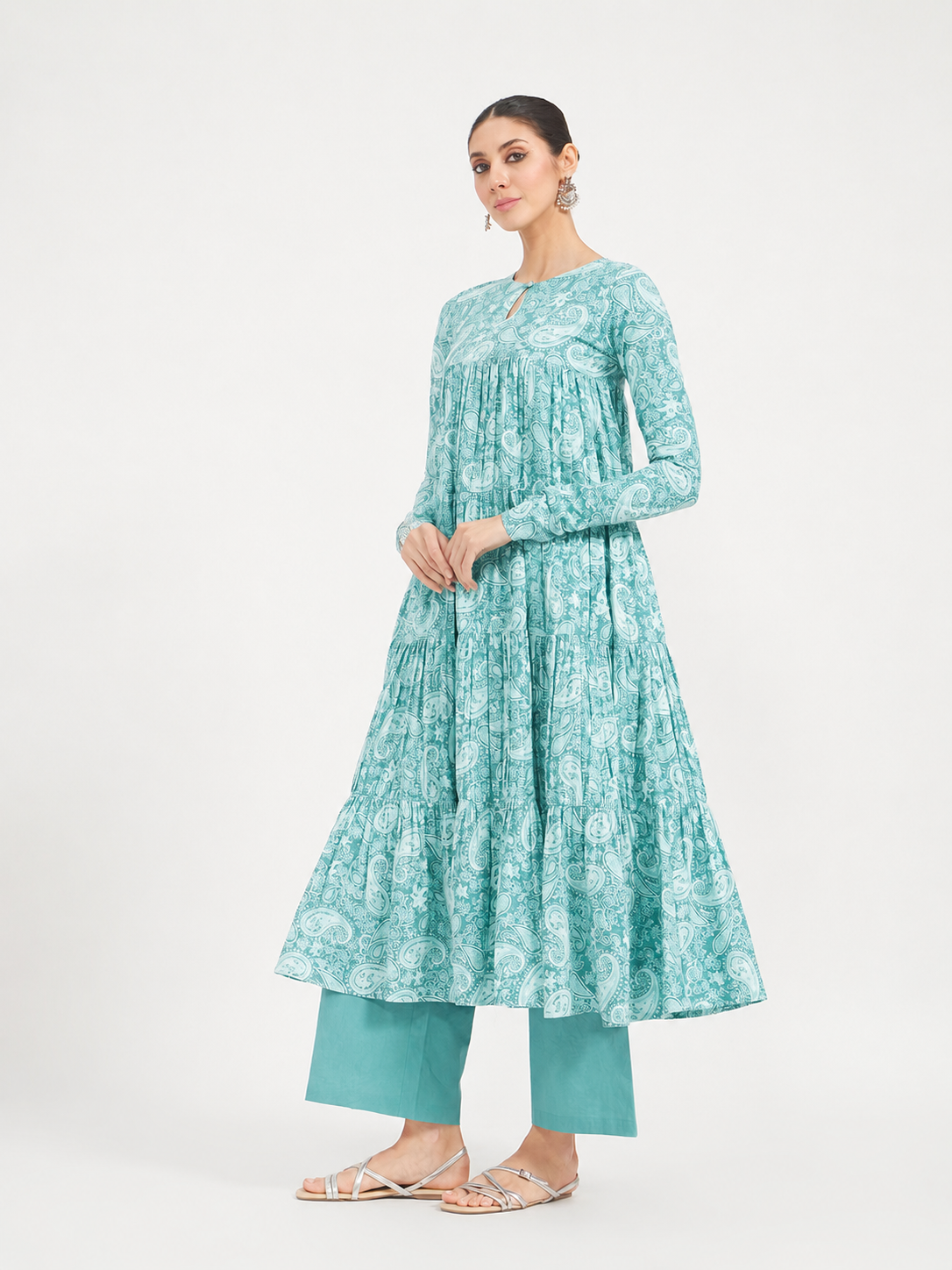 FIORRA Women’s Firozi Paisley Printed Pure Cotton Anarkali Kurta