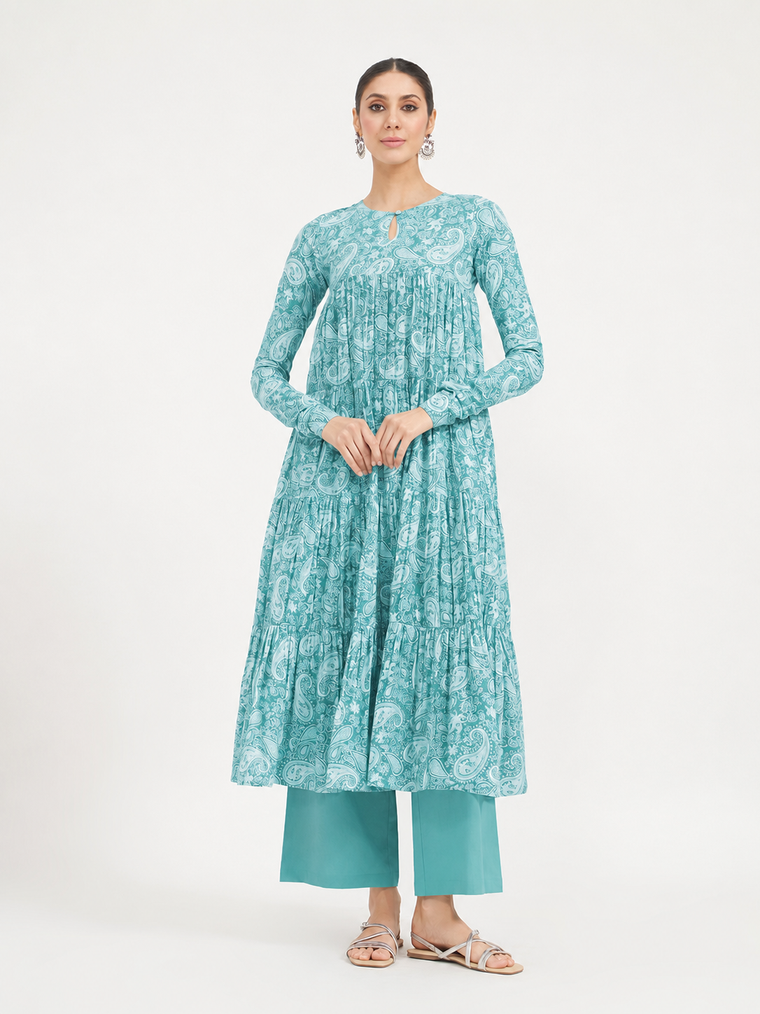 FIORRA Women’s Firozi Paisley Printed Pure Cotton Anarkali Kurta