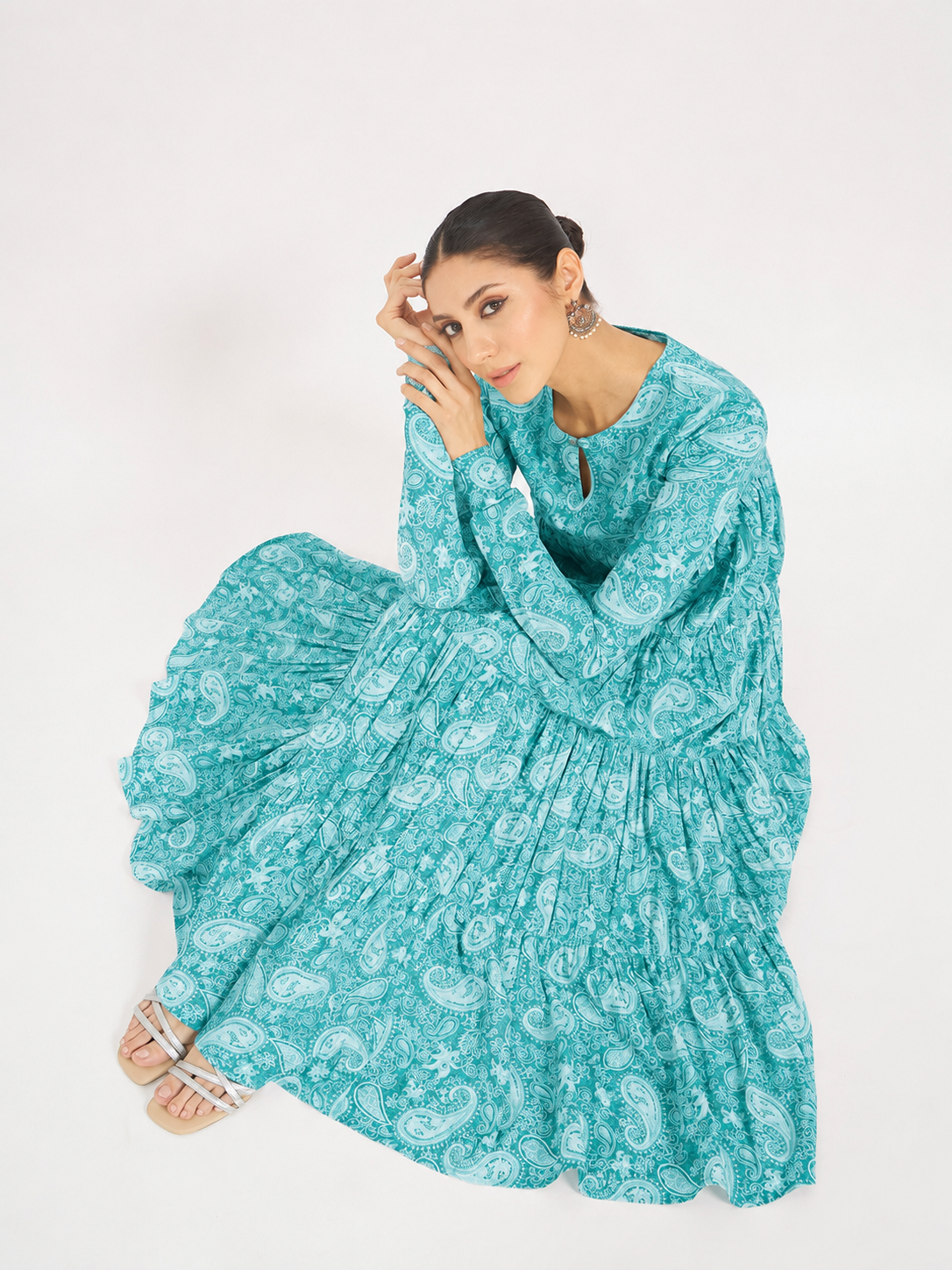 FIORRA Women’s Firozi Paisley Printed Pure Cotton Anarkali Kurta