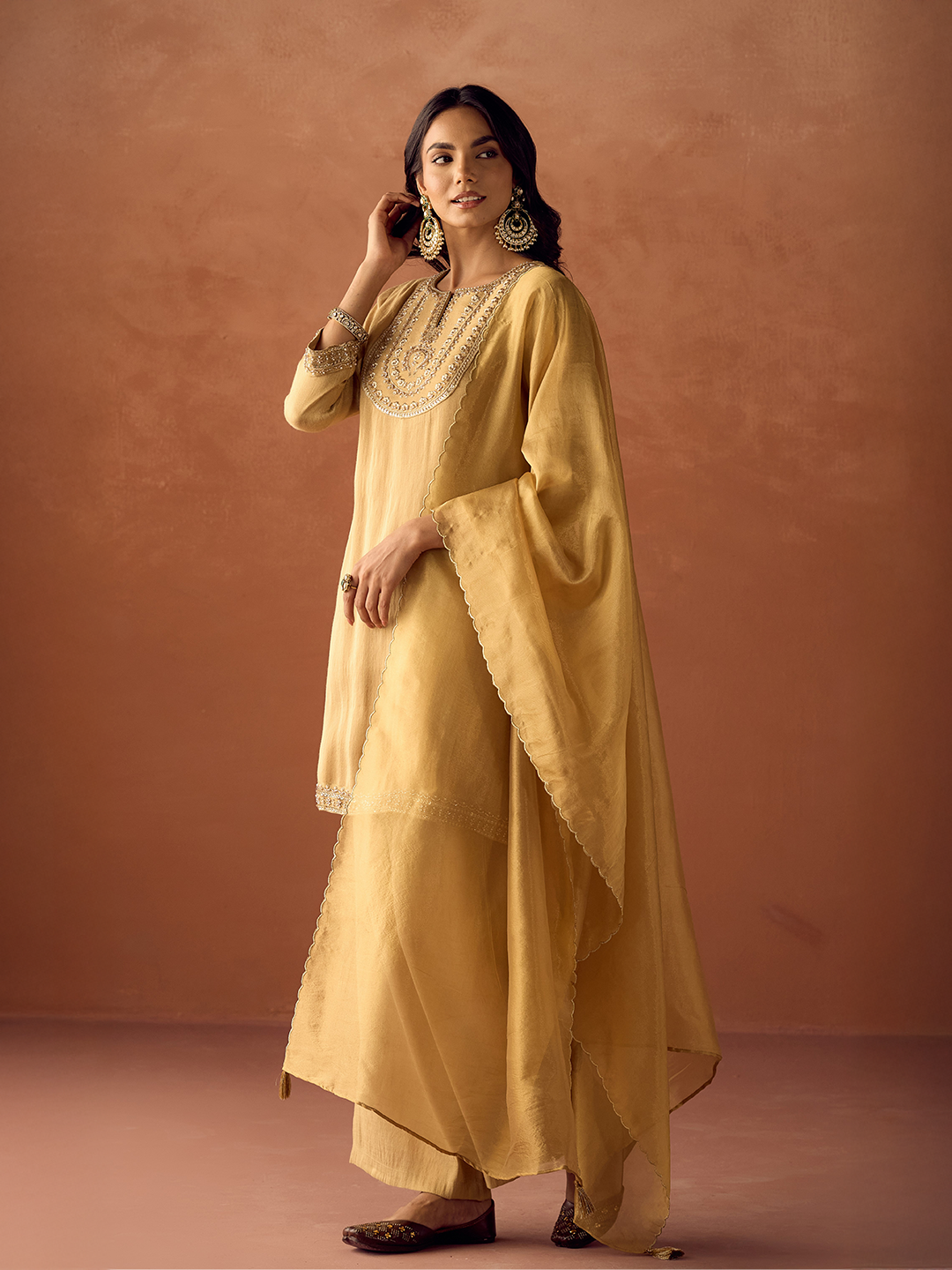 FIORRA Women Mustard Yellow Tissue Blend Hand Embroidered Kurta Set with Dupatta