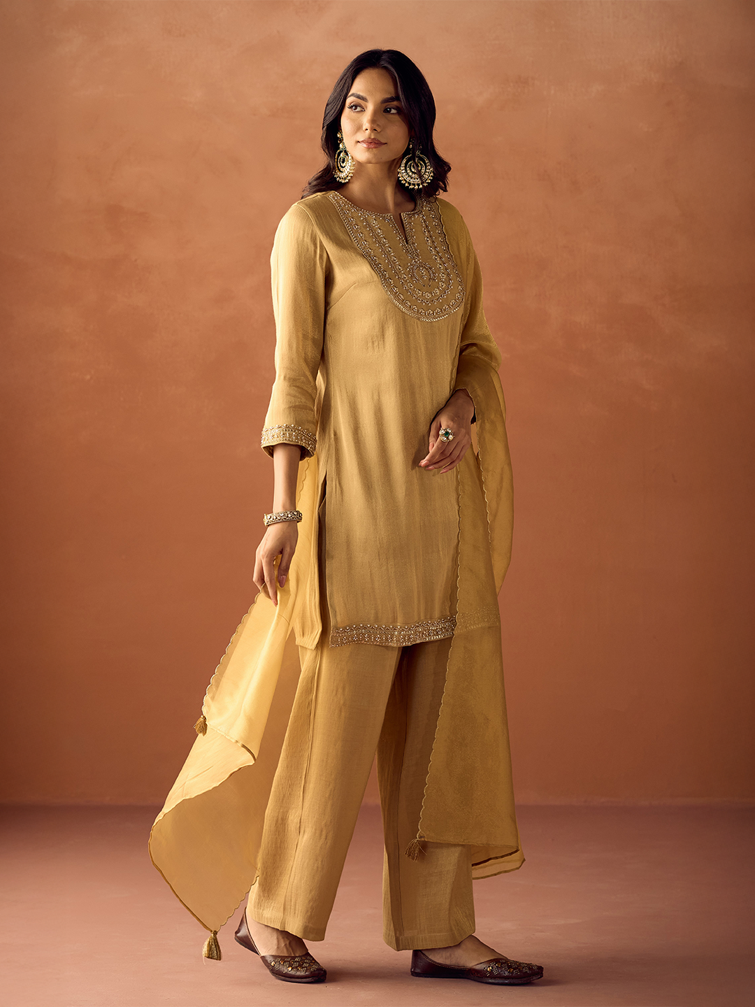 FIORRA Women Mustard Yellow Tissue Blend Hand Embroidered Kurta Set with Dupatta