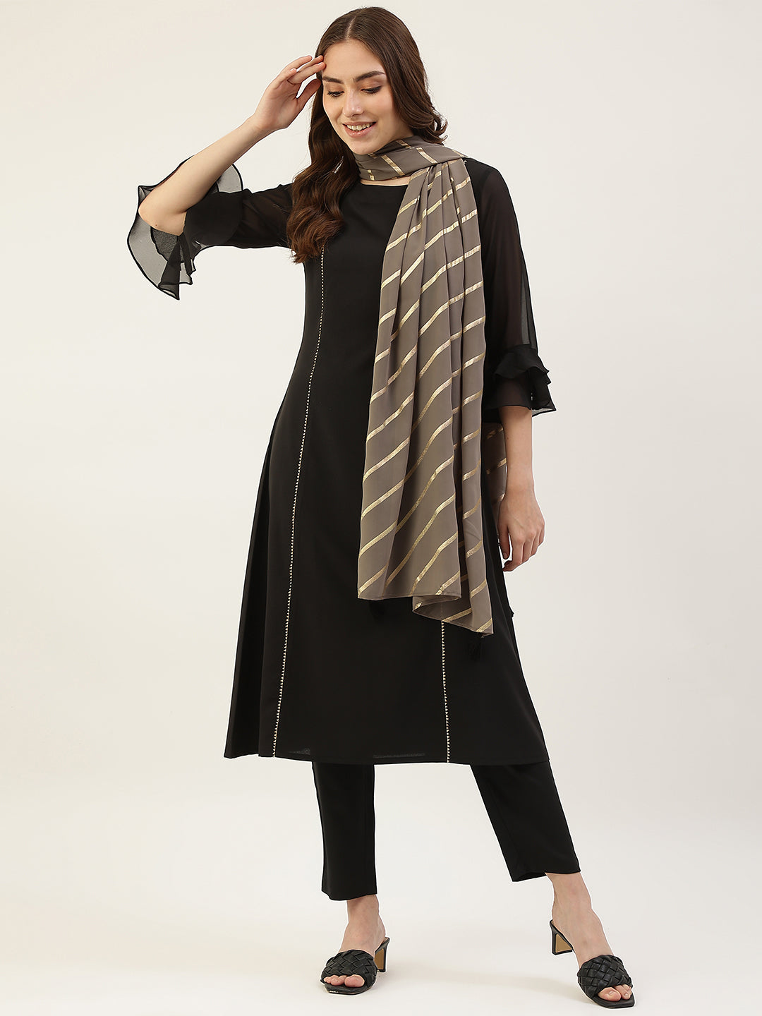 FIORRA Women's Black Poly Crepe A-Line Kurta with Pant and Dupatta