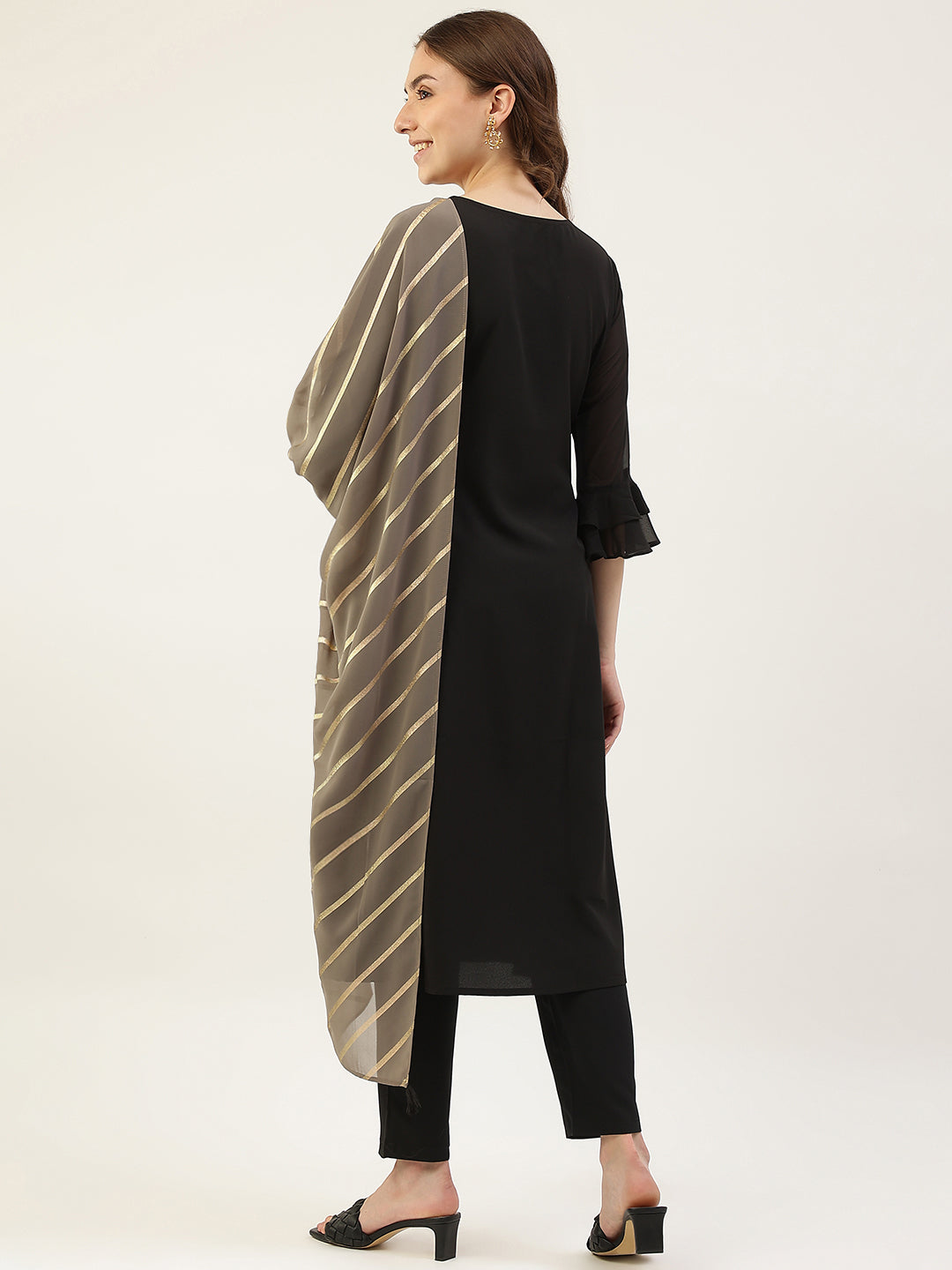 FIORRA Women's Black Poly Crepe A-Line Kurta with Pant and Dupatta