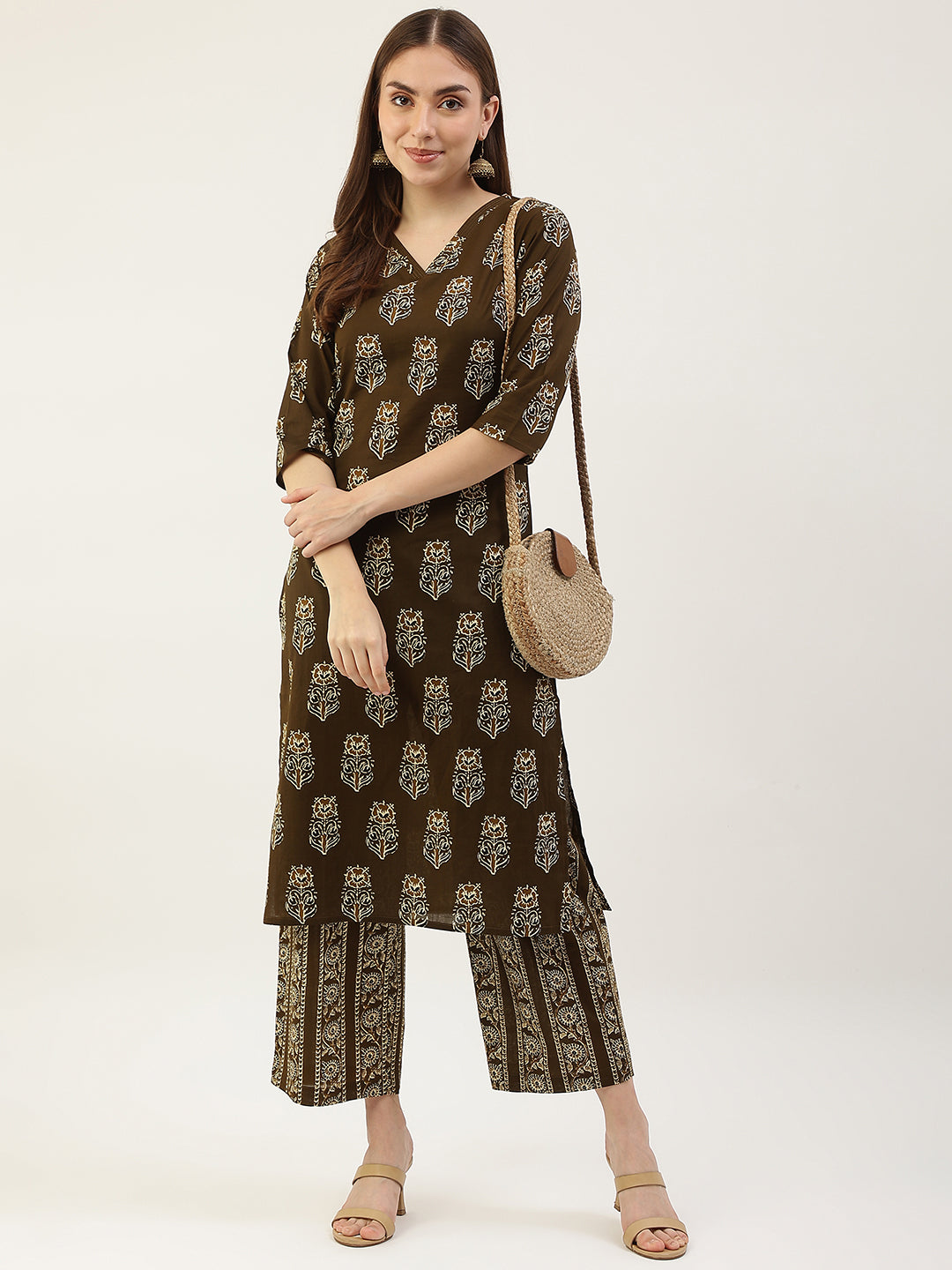 FIORRA Women's Mahendi Green Pure Cotton Kurta with Palazzo Pant