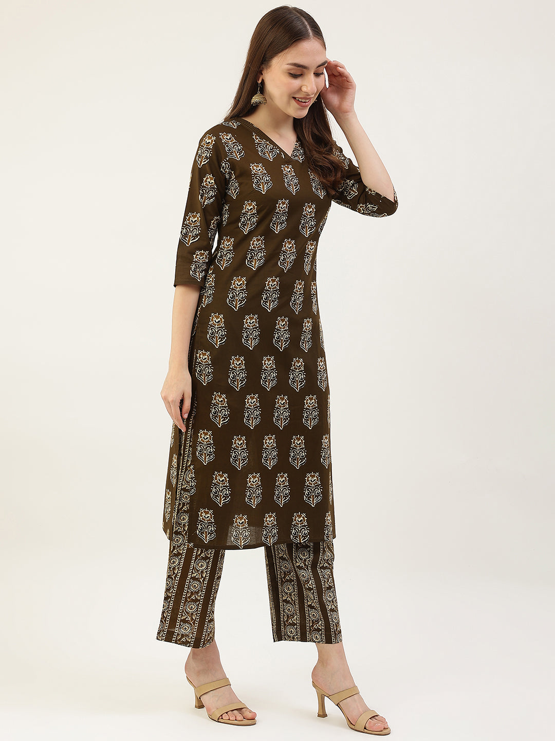 FIORRA Women's Mahendi Green Pure Cotton Kurta with Palazzo Pant