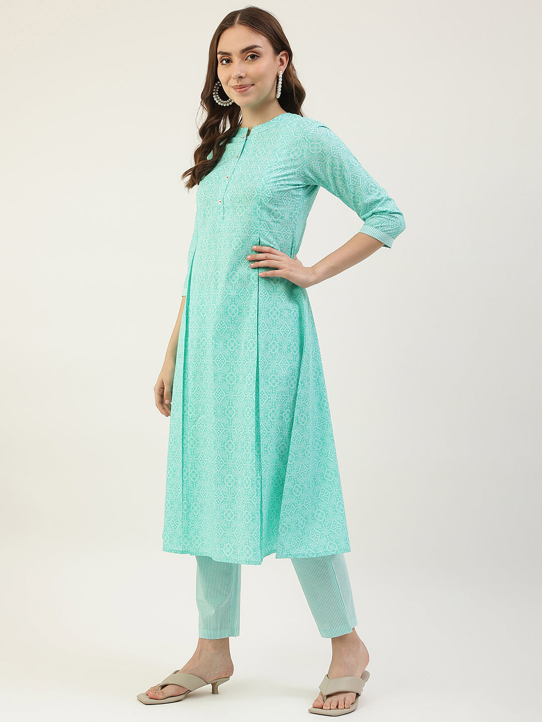 FIORRA Women's Turquoise A-Line Cotton Kurta with Pant