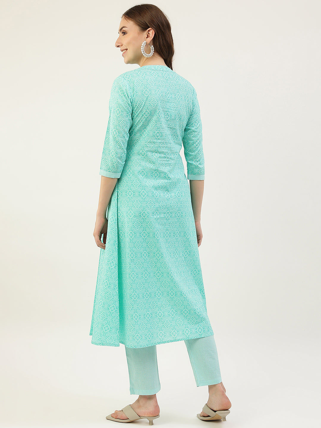 FIORRA Women's Turquoise A-Line Cotton Kurta with Pant