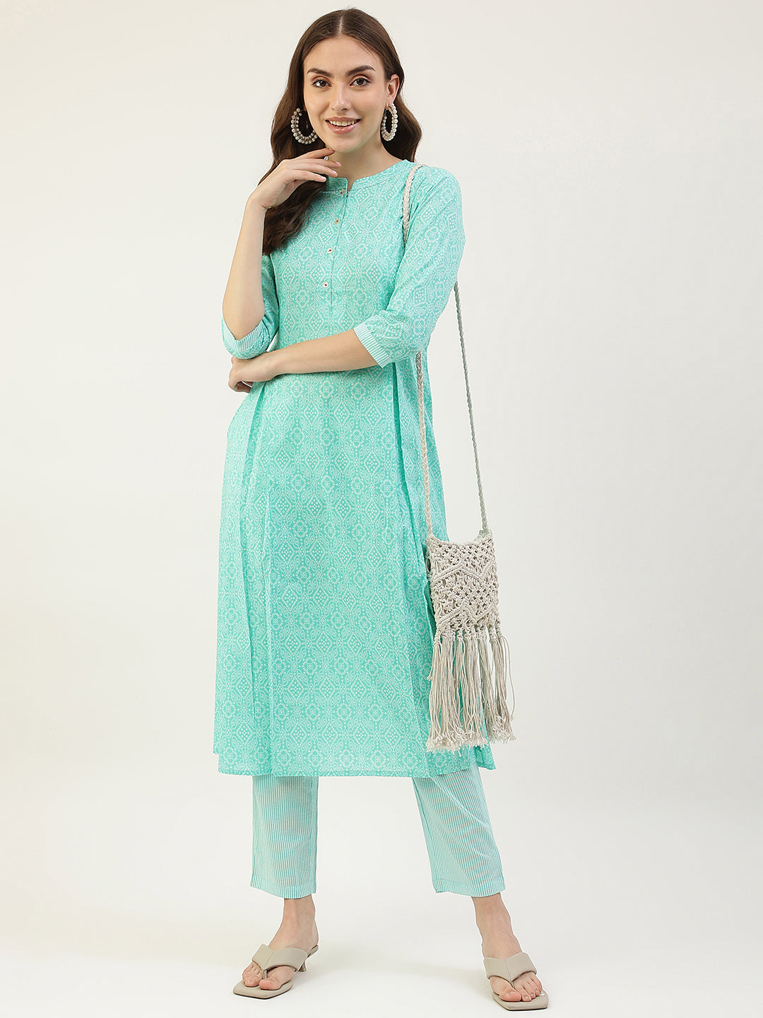 FIORRA Women's Turquoise A-Line Cotton Kurta with Pant