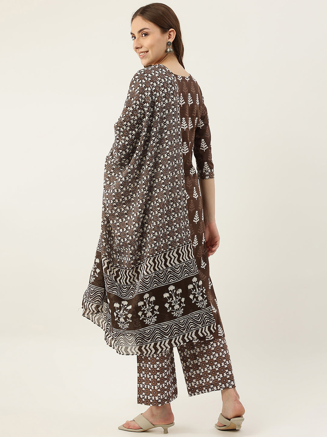 FIORRA Women's Brown Straight Cotton Kurta With Palazzo And Dupatta