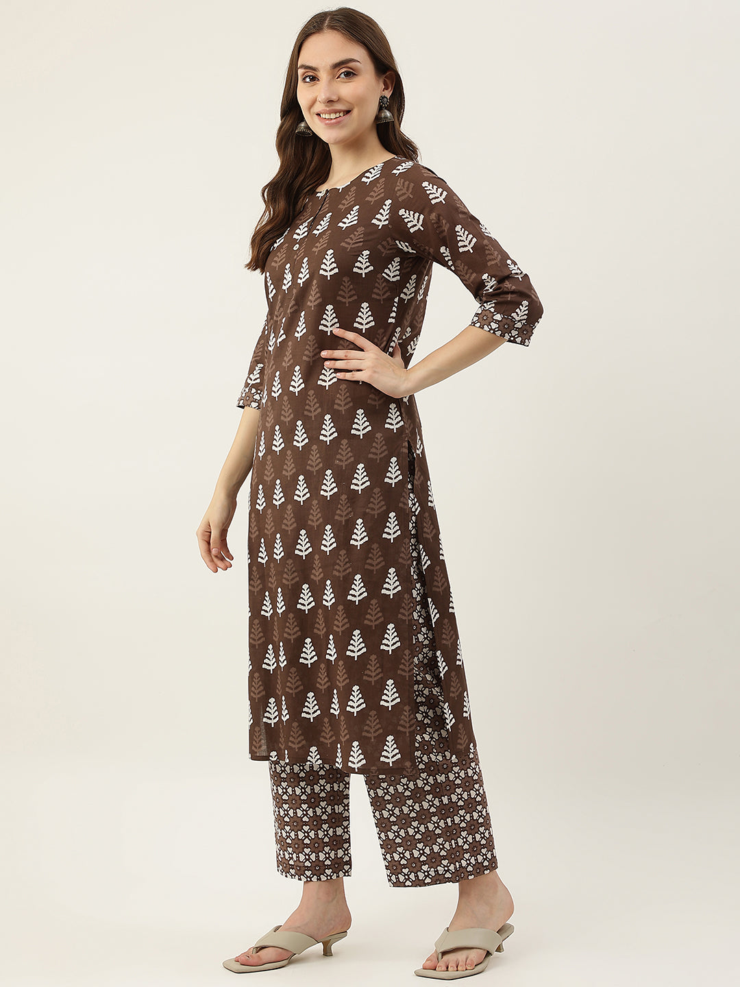 FIORRA Women's Brown Straight Cotton Kurta With Palazzo And Dupatta