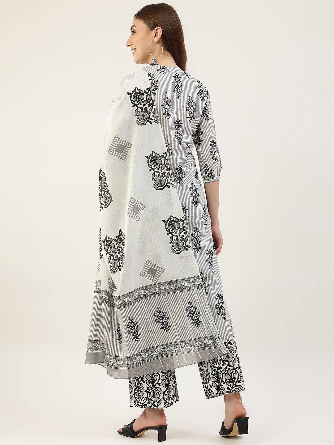 FIORRA Women's White Pure Cotton Kurta With Pant And Dupatta