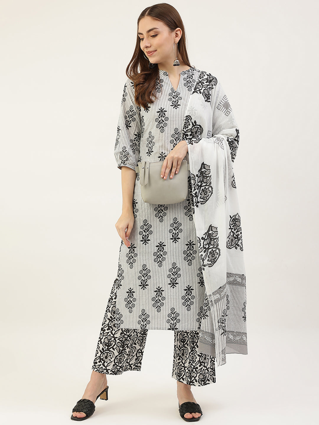 FIORRA Women's White Pure Cotton Kurta With Pant And Dupatta