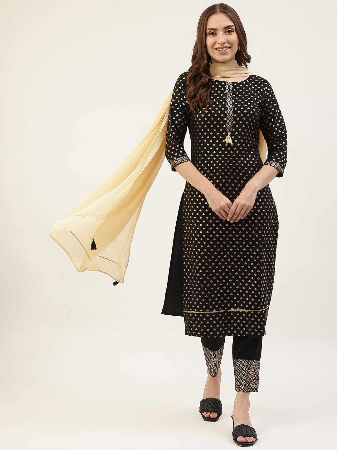FIORRA Women's Black Poly Crepe Straight Kurta with Pant and Dupatta