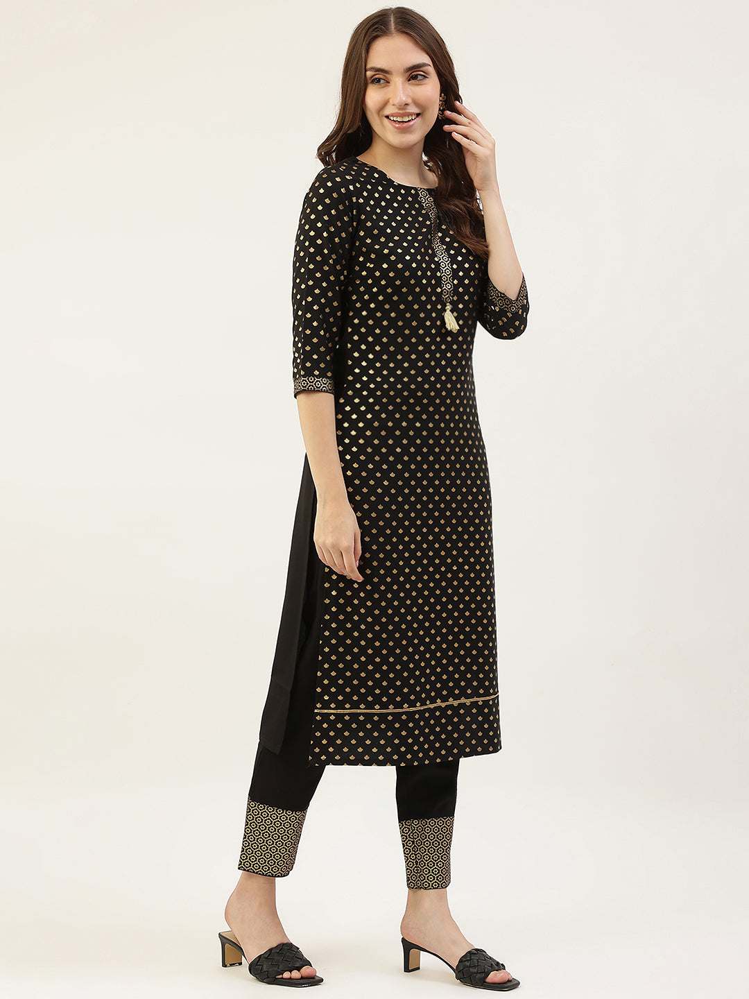 FIORRA Women's Black Poly Crepe Straight Kurta with Pant and Dupatta