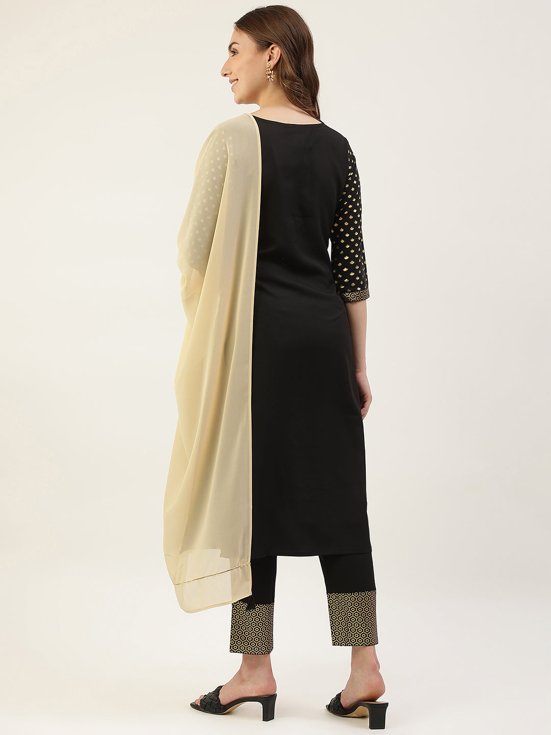 FIORRA Women's Black Poly Crepe Straight Kurta with Pant and Dupatta