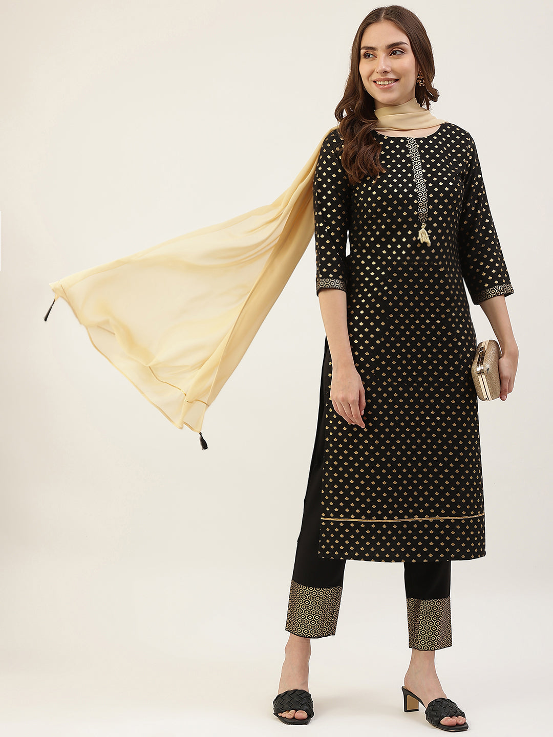 FIORRA Women's Black Poly Crepe Straight Kurta with Pant and Dupatta