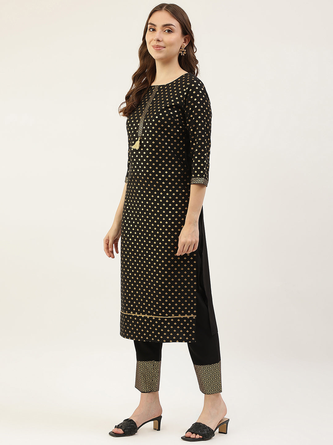 FIORRA Women's Black Poly Crepe Straight Kurta with Pant and Dupatta