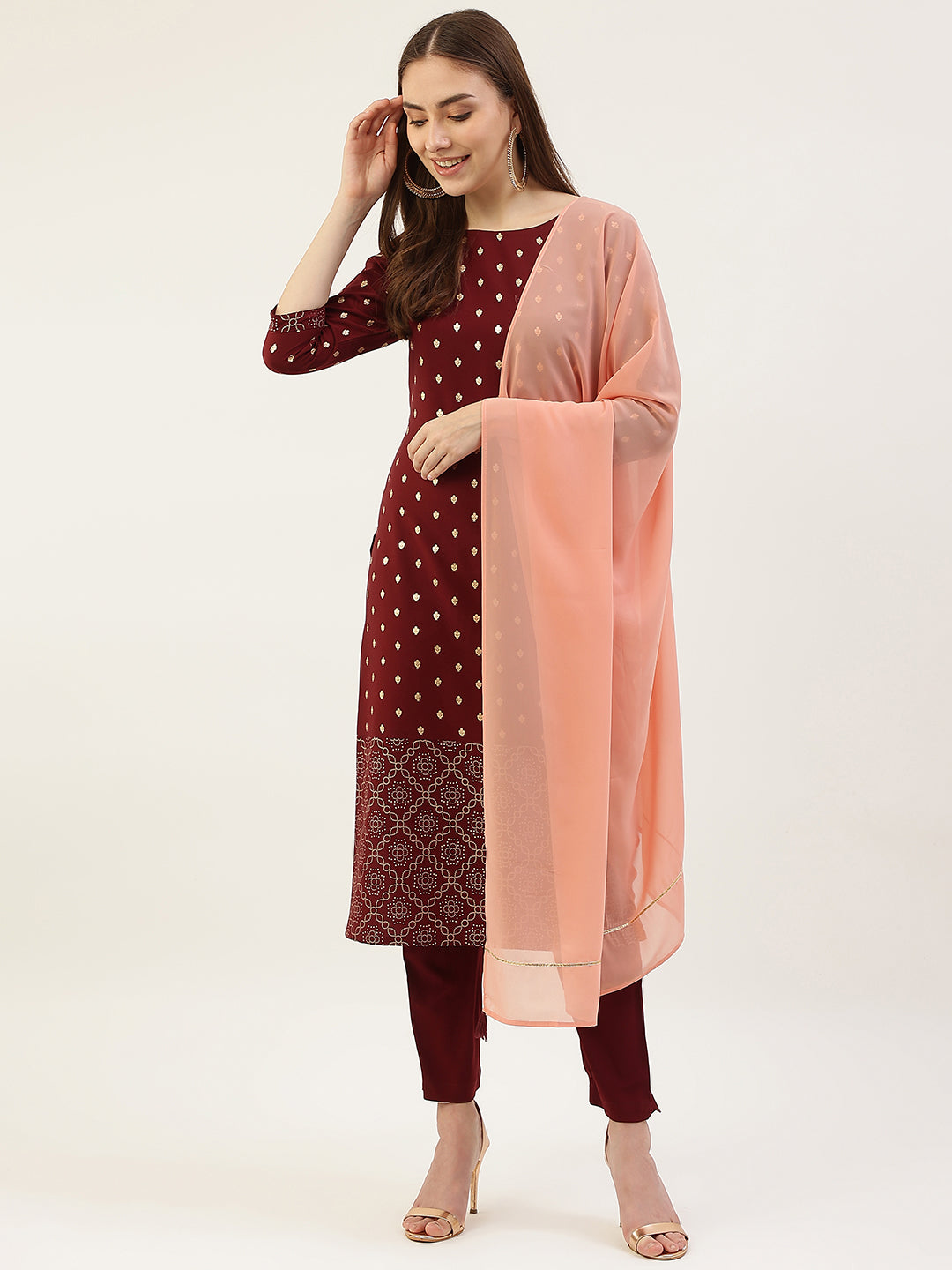 FIORRA Women's Maroon Poly Crepe Straight Kurta with Pant and Dupatta