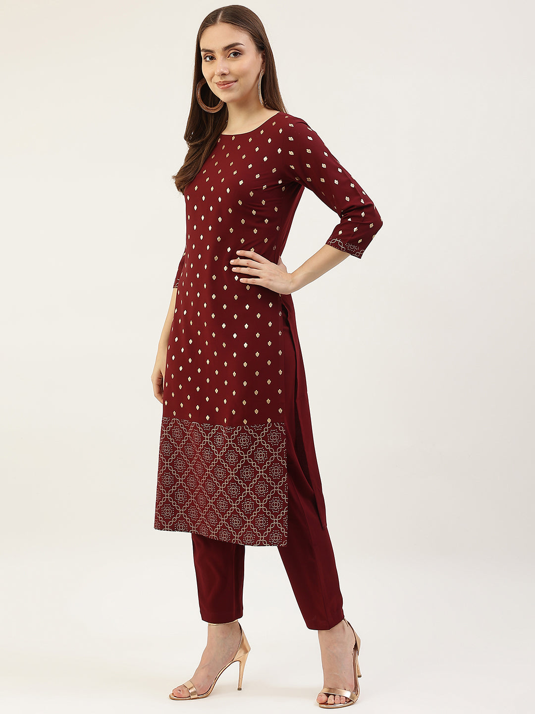 FIORRA Women's Maroon Poly Crepe Straight Kurta with Pant and Dupatta